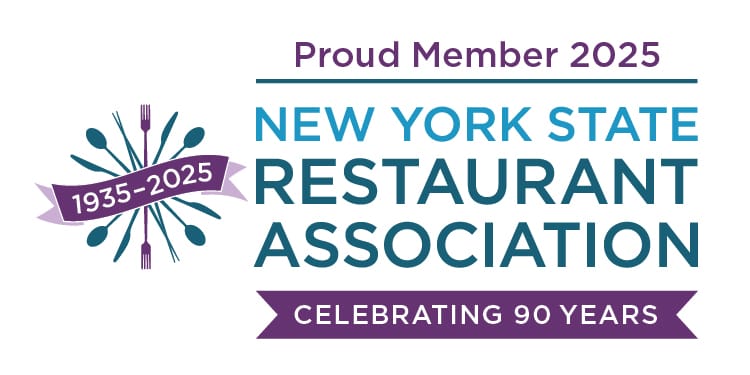 The New York State Restaurant Association logo, indicating "Proud Member 2025" and "CELEBRATING 90 YEARS." The logo features stylized cutlery in a circle with a ribbon displaying "1935-2025," alongside the association's name in blue and teal text.