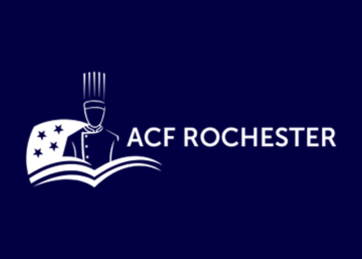 The ACF Rochester logo features a white outline of a chef with a tall toque, emerging from an open book or scroll with stars on one side. To the right, "ACF ROCHESTER" is written in white text, all on a dark blue background.