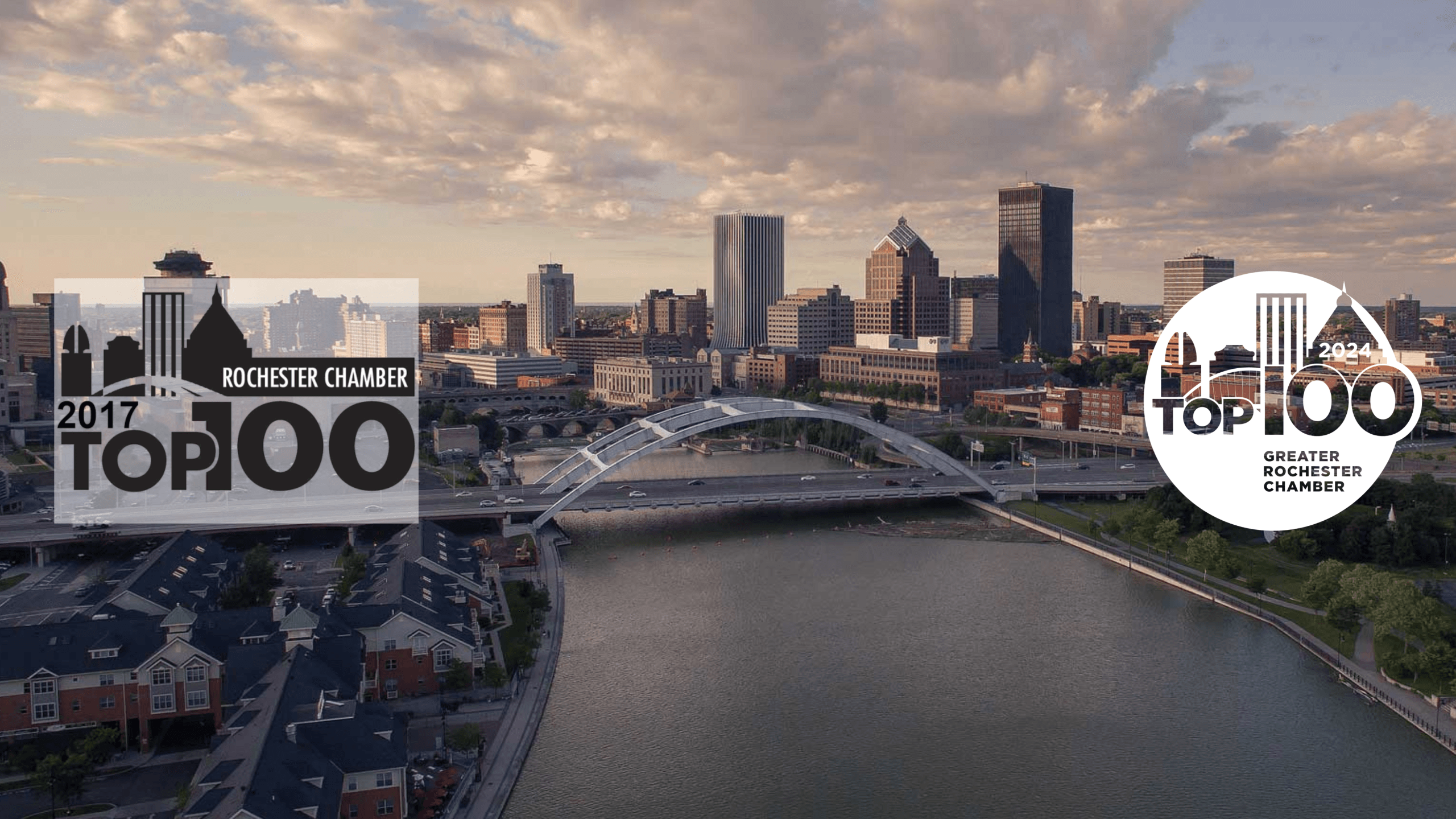 skyline of rochester ny with top 100 logos from the greater rochester chamber for years 2017 and 2024