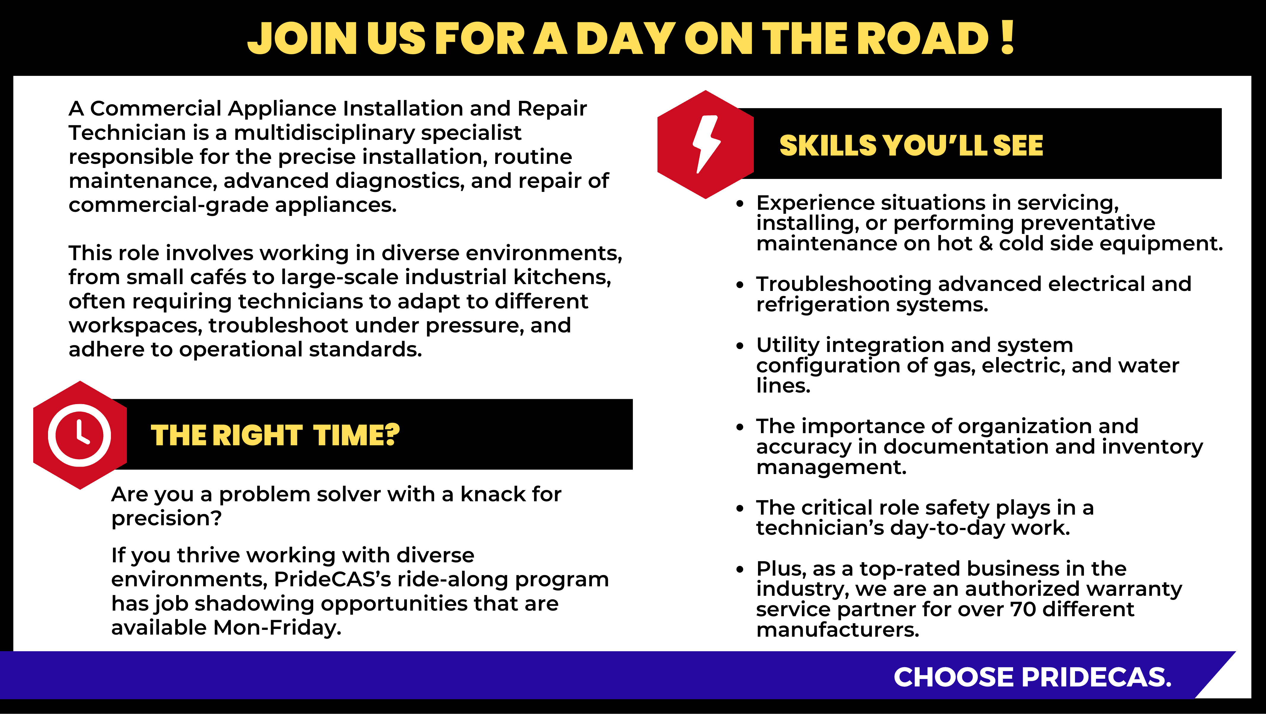 Graphic with the headline "JOIN US FOR A DAY ON THE ROAD!". It describes the role of a Commercial Appliance Installation and Repair Technician, outlines "SKILLS YOU'LL SEE" such as servicing hot and cold side equipment, troubleshooting, utility integration, and safety, and discusses if it's "THE RIGHT TIME" for a problem solver to join their ride-along program.