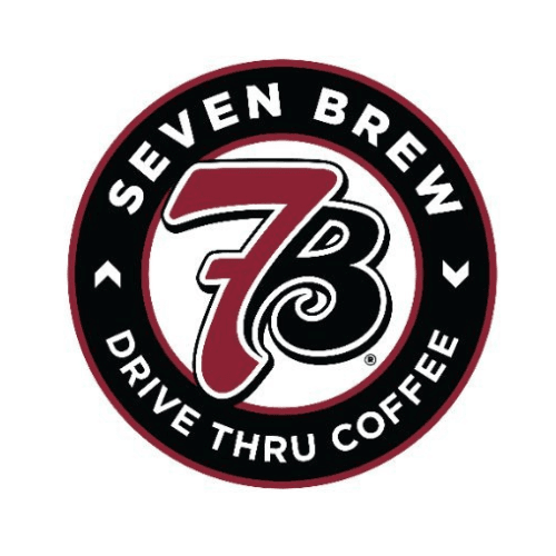 The 7 Brew Drive Thru Coffee logo, a circular design with a red outer ring containing the white text "SEVEN BREW" and "DRIVE THRU COFFEE". The center is white with a stylized red "7B" outlined in black.