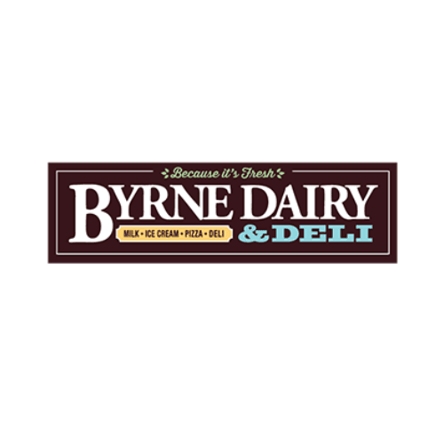 The Byrne Dairy & Deli logo, featuring "BYRNE DAIRY" in large white text on a dark brown background, with a light blue "& DELI" next to it. Above is a small green script that reads "Because it's Fresh", and below "MILK • ICE CREAM • PIZZA • DELI" in smaller white text.