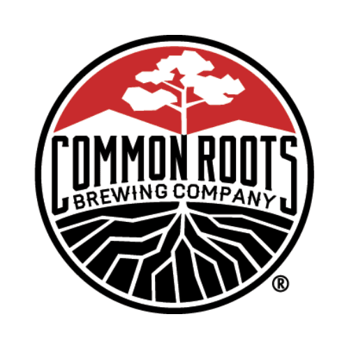 The Common Roots Brewing Company logo is a circular emblem with a red upper half featuring a white tree silhouette and white mountains. The lower half is black with white stylized roots. The words "COMMON ROOTS" are prominently displayed in a black outlined font, and "BREWING COMPANY" is in smaller white text below it, all within the circle.
