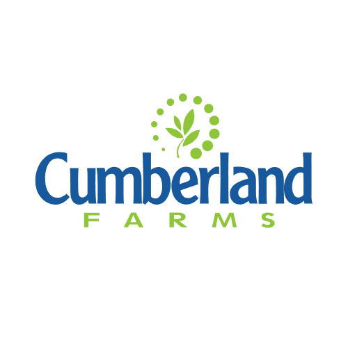 The Cumberland Farms logo features "Cumberland" in a dark blue font with "FARMS" in a lighter green font below it. Above, there's an emblem of green leaves surrounded by a dotted green circle.