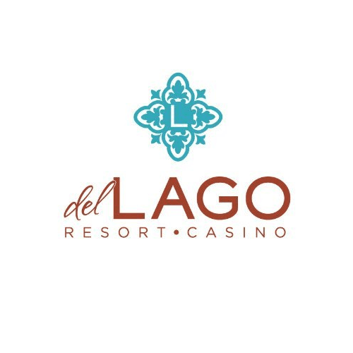 The del Lago Resort & Casino logo, featuring a teal, ornate four-leaf clover-like design with a stylized "L" in its center, above "del LAGO" in a script-like reddish-brown font, and "RESORT • CASINO" in a smaller, spaced-out, reddish-brown sans-serif font.