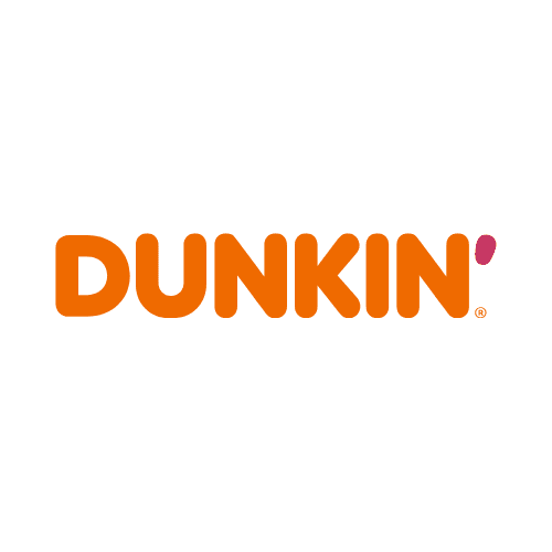 The Dunkin' logo, featuring "DUNKIN'" in bold orange text with a pink/purple accent for the apostrophe, on a white background.