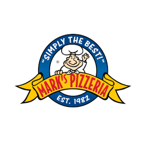 The Mark's Pizzeria logo features a cartoon chef giving a thumbs up inside a blue circle with the text "SIMPLY THE BEST!". A yellow banner wraps around the bottom, reading "MARK'S PIZZERIA EST. 1982".