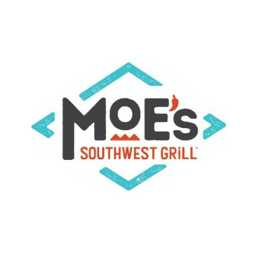 The Moe's Southwest Grill logo features "MOE's" in a dark gray stylized font, with a red chili pepper for the apostrophe, all contained within a turquoise geometric border. Below, "SOUTHWEST GRILL" is written in orange text.