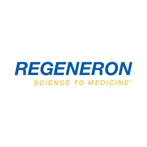 The Regeneron logo features "REGENERON" in bold blue text above "SCIENCE TO MEDICINE" in yellow text, all on a white background.