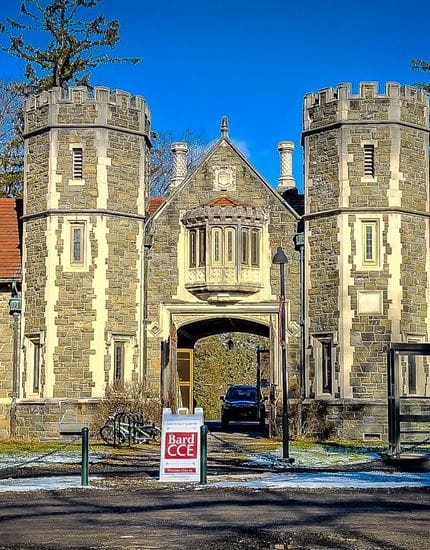 front view of an old castler looking building on the grounds of Bard College