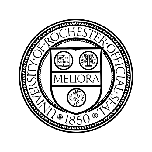 The official seal of the University of Rochester, a circular black and white emblem featuring a central shield with the motto "MELIORA" and smaller crests, surrounded by text "UNIVERSITY OF ROCHESTER OFFICIAL SEAL" and "1850".