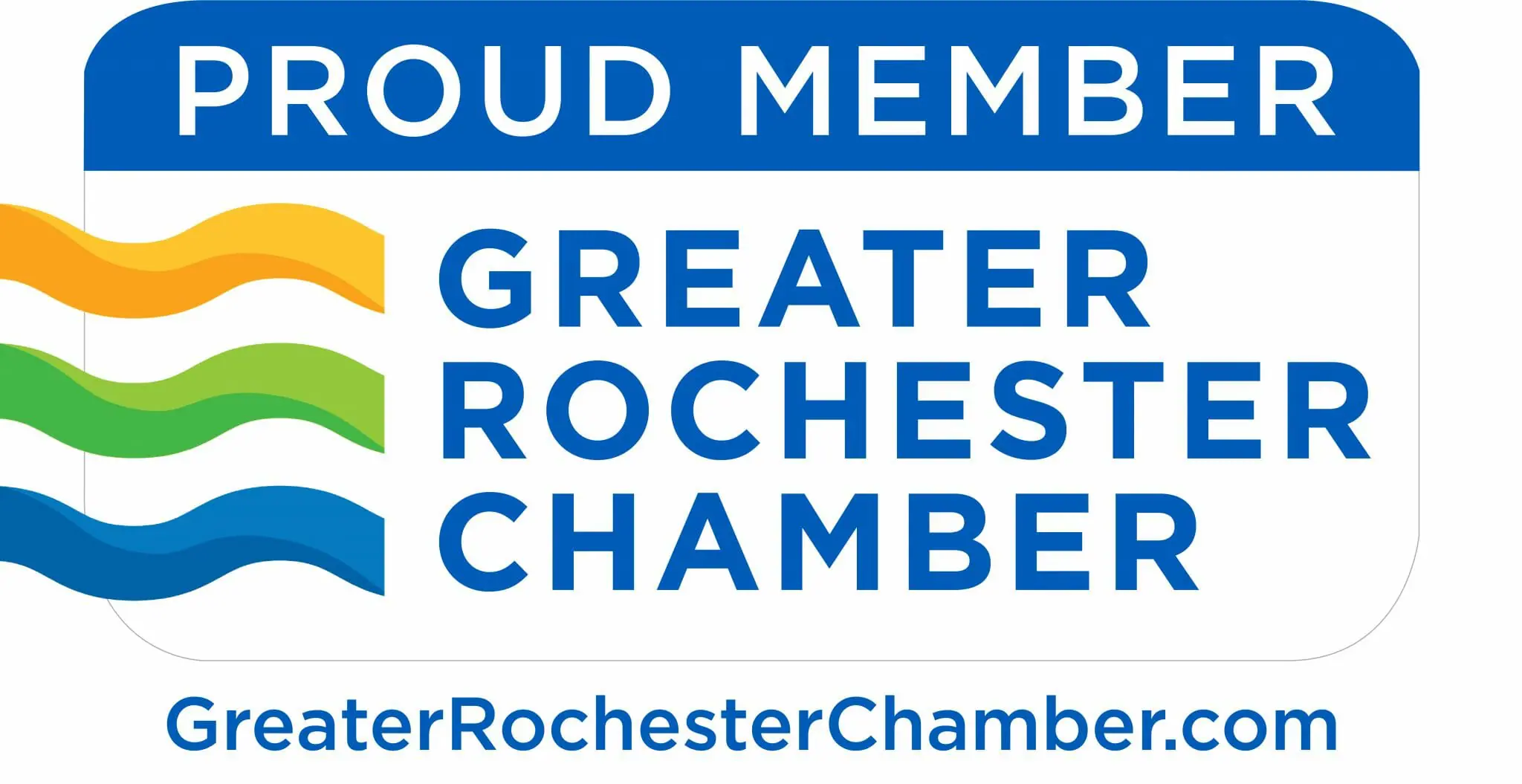 Proud Member badge for Greater Rochester Chamber with colorful wave icons and website URL