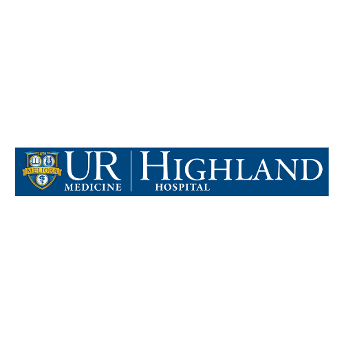 Logo for UR Medicine Highland Hospital featuring the University of Rochester crest and blue banner with white text.