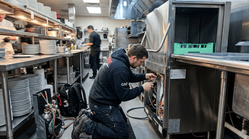 A professional, cinematic-style photograph of a technician in a dark grey service uniform with a subtle "Pride CAS" logo, performing a repair on a high-end, double-stack commercial convection oven. Focus: The technician is in the midground, using a digital multimeter or a specialized tool to calibrate the internal heating elements or the digital control panel of the oven. One of the heavy-duty oven doors is swung open, revealing the industrial stainless steel interior. Background: The setting is a fast-paced, high-volume commercial kitchen in New York. In the soft-focus background, stainless steel ranges and heat lamps are visible. The lighting is a blend of cool industrial kitchen light and the warm, golden glow from the "hot side" equipment, creating a sense of heat and activity. Details: The technician’s hands are in sharp focus, demonstrating technical precision. Stacks of clean pans and professional cookware are neatly organized on shelves nearby, emphasizing a well-managed environment. Technical Style: High-resolution, sharp focus on the equipment’s internal components, shallow depth of field to blur the background. The aesthetic is clean, professional, and trustworthy. Shot from a slightly low angle to give the equipment a grand, industrial feel.