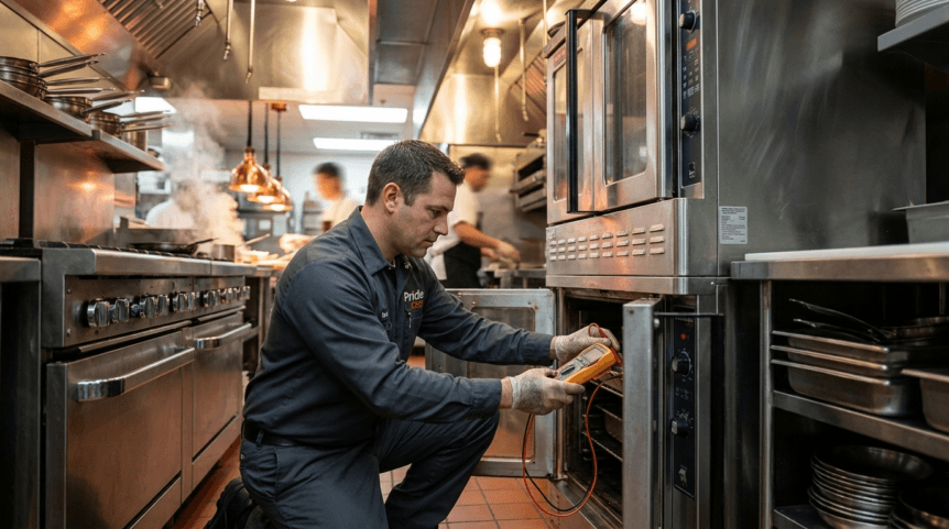 A technician performing commercial oven repair in a restaurant kitchen, using a multimeter to troubleshoot the oven. The kitchen is busy, with chefs working in the background, and the technician is focused on ensuring the oven functions properly for the kitchen's operations. Commercial oven repair service ensures efficiency and reliability in high-demand environments.