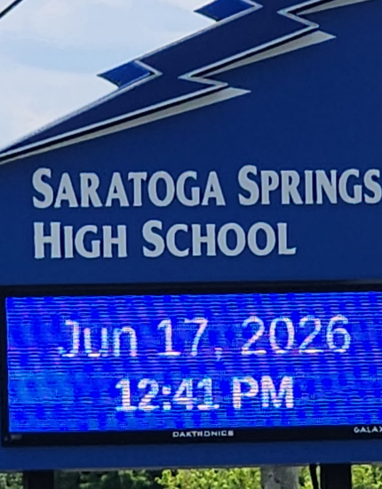 School sign on day of install reading saratoga springs high school